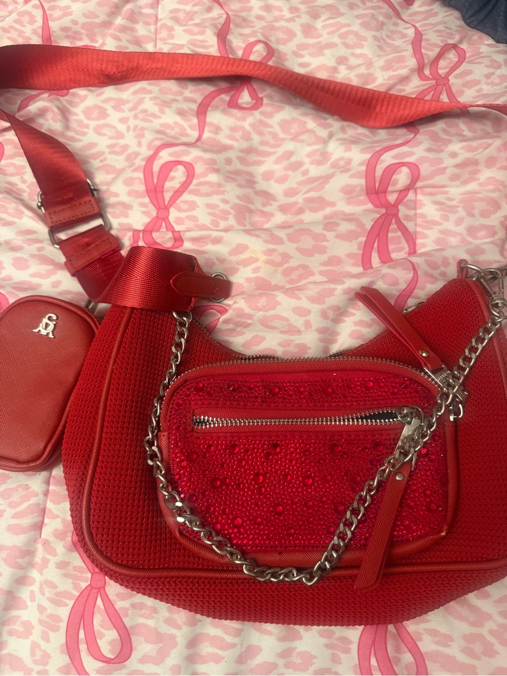 Red Crossbody Saddle Bag with Beaded Front Pocket - Unbranded